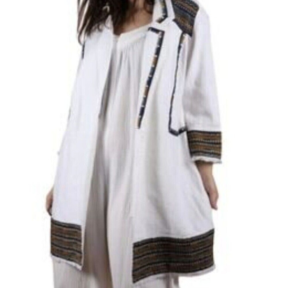 CHICOS Heavyweight Linen Western Embroidered Mid Length Cardigan Jacket Size 2